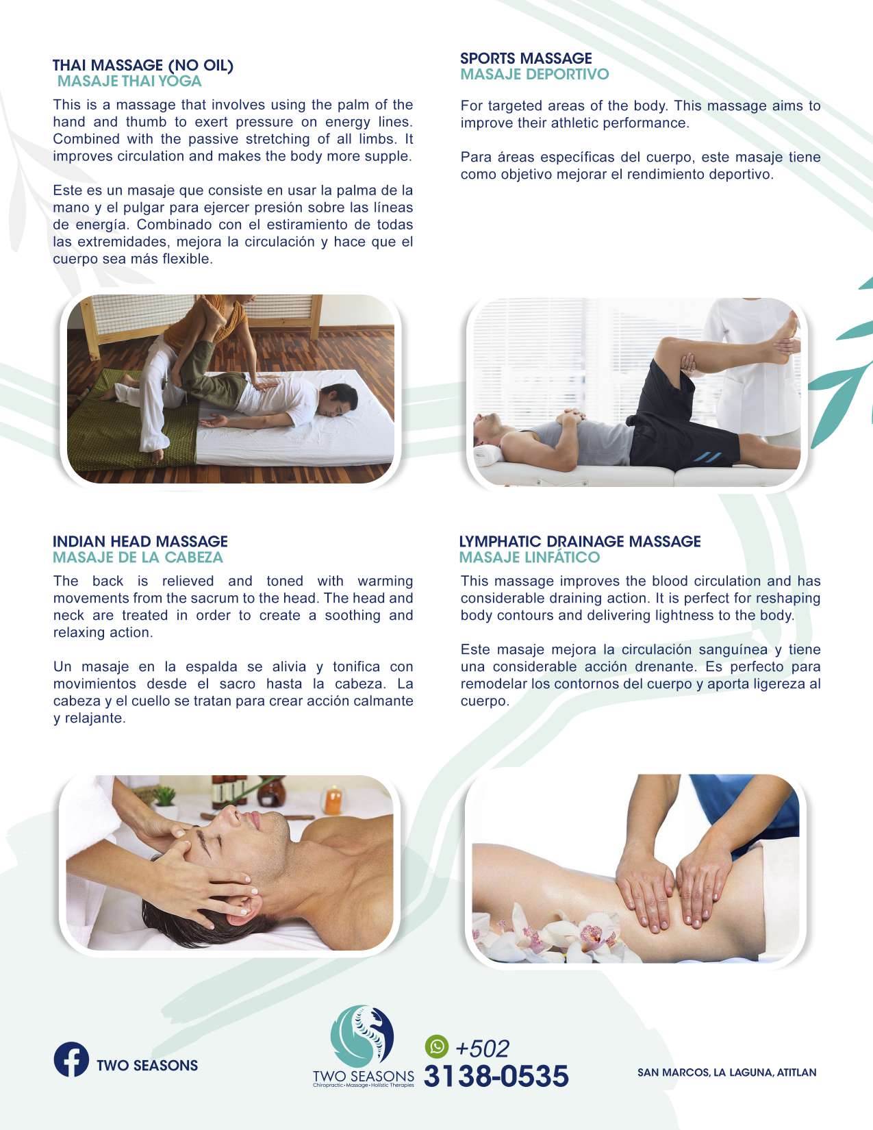 Thai Massage • Sports Massage • Indian Head Massage • Lymphatic Drainage Massage Thai Massage • Sports Massage • Indian Head Massage • Lymphatic Drainage Massage